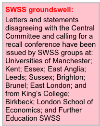 SWSS groundswell:

Letters and statements disagreeing with the Central Committee and calling for a recall conference have been issued by SWSS groups at: Universities of Manchester; Kent; Essex; East Anglia; Leeds; Sussex; Brighton; Brunel; East London; and from King’s College; Birkbeck; London School of Economics; and Further Education SWSS